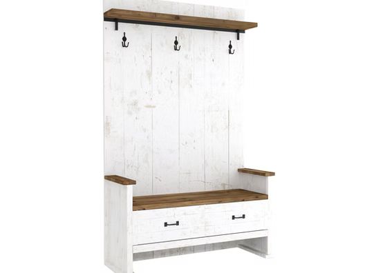 White rustic mudroom bench with a wood-tone seat, top shelf, and three black coat hooks above two lower drawers