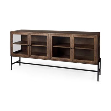 Wooden cabinet with glass doors on black metal legs.