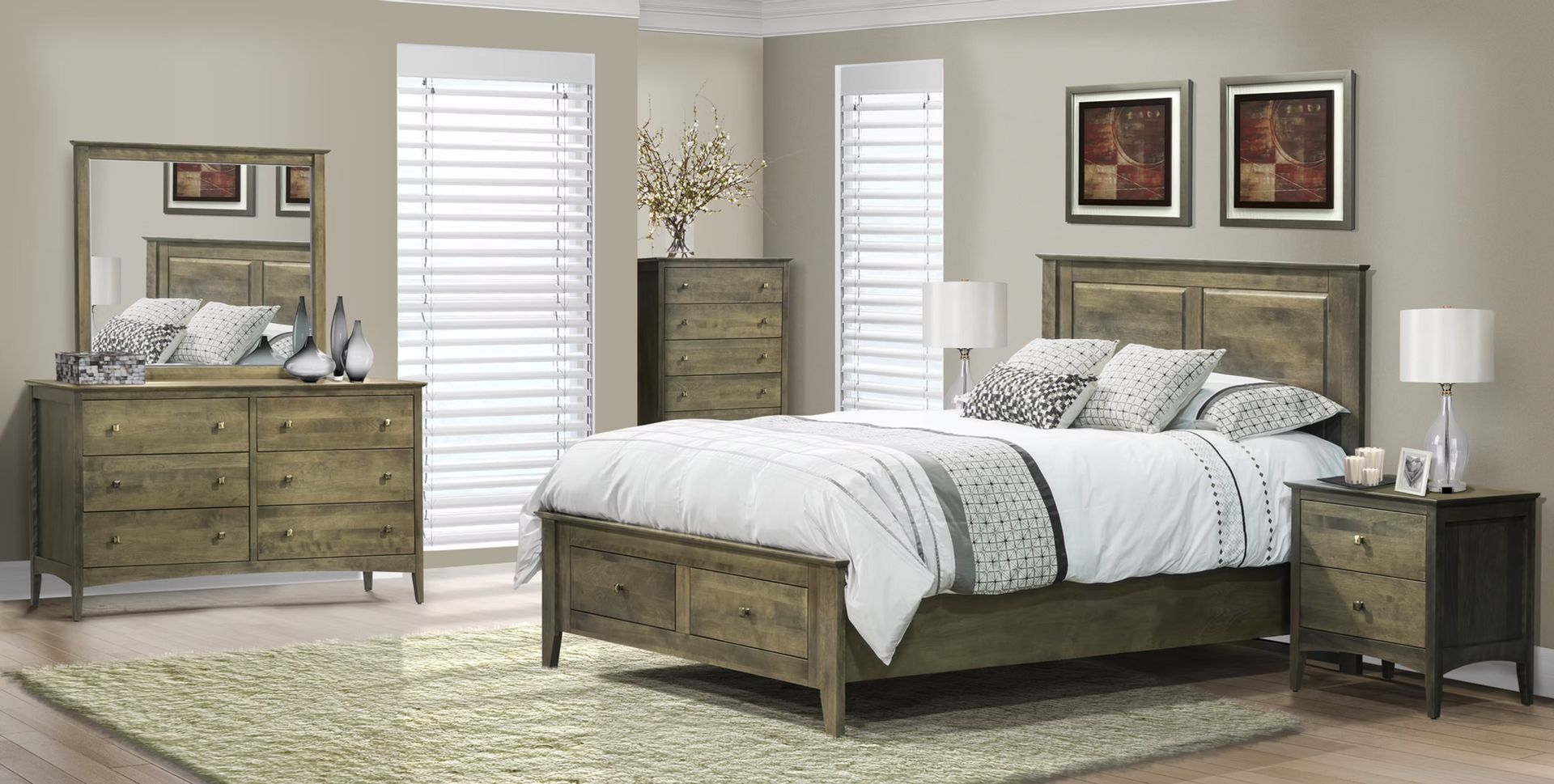 A bedroom set in light brown wood, featuring a bed, dresser with mirror, chest and nightstand