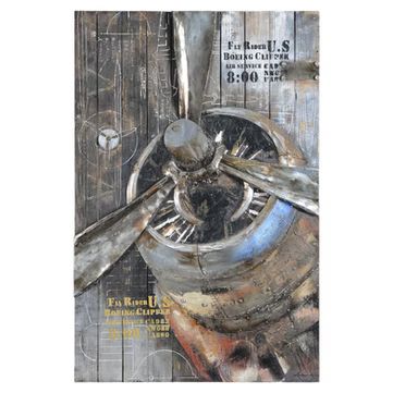 Metallic artwork of an airplane propeller on a weathered wooden background with faded text and drawings.