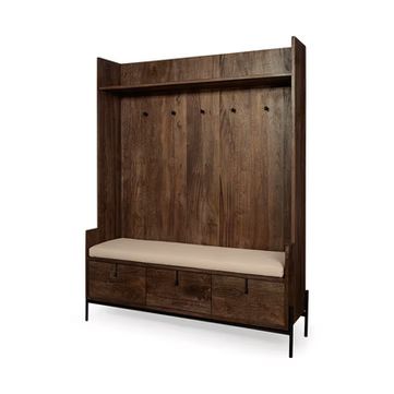 A dark wood entryway hall tree with a beige cushioned bench, lower storage drawers, and multiple coat hooks