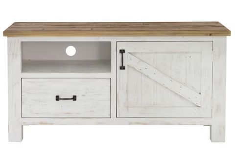 A white, distressed-finish TV stand with a natural wood top, one drawer, an open media shelf, and a barn-style cabinet