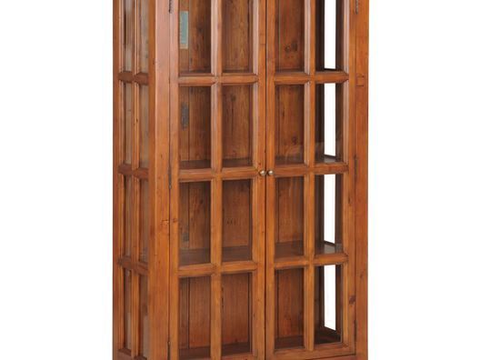 Tall, wooden, two-door display cabinet with glass-paneled doors and shelves