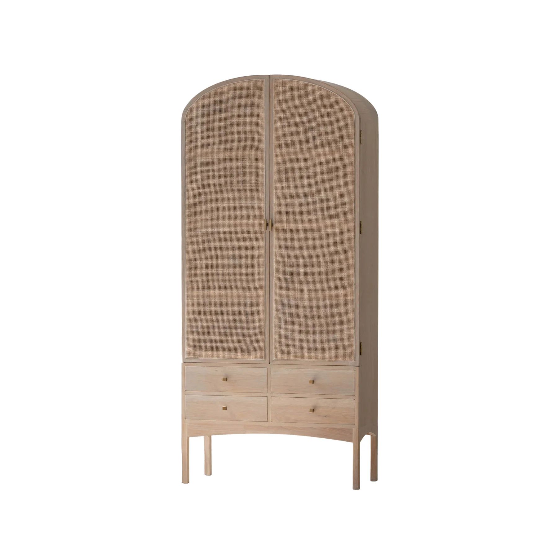 A light wood armoire with two arched, woven cane doors and four small drawers at the bottom