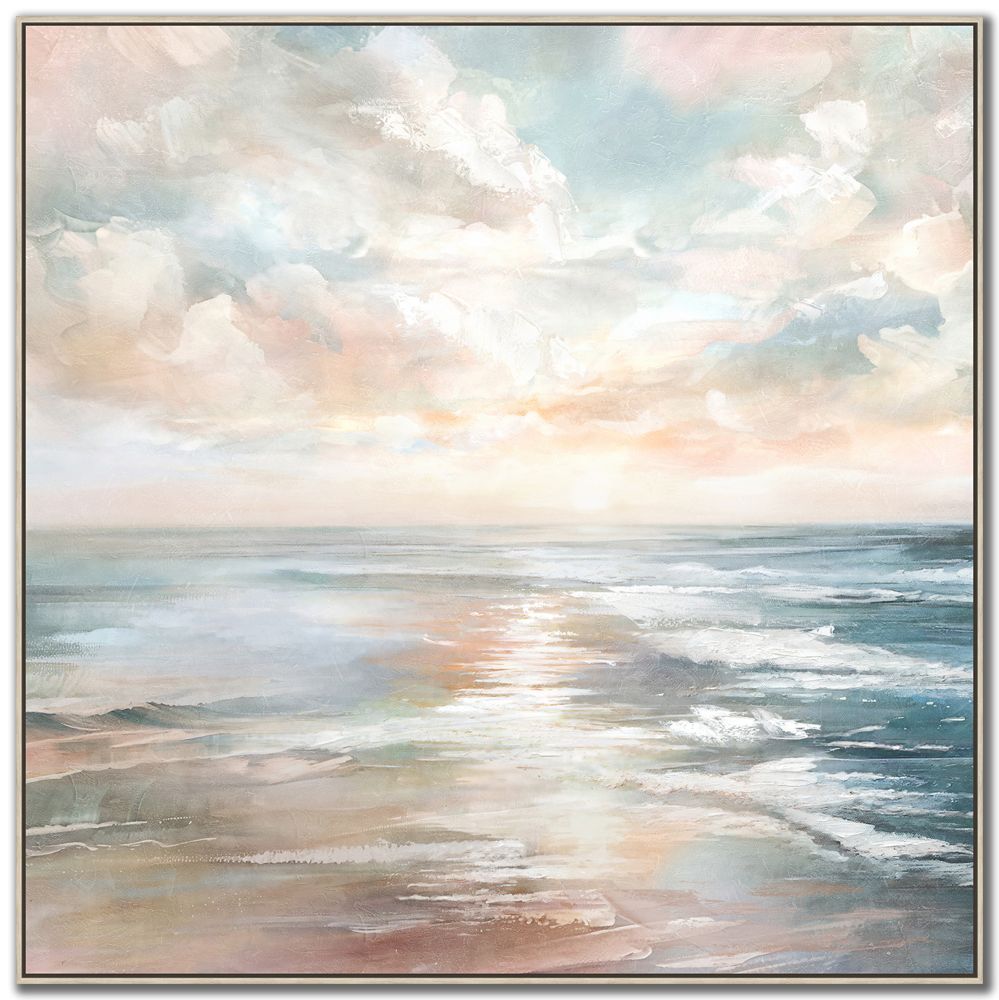 Oil painting of ocean scene with light blue and peach sky reflecting on the water.