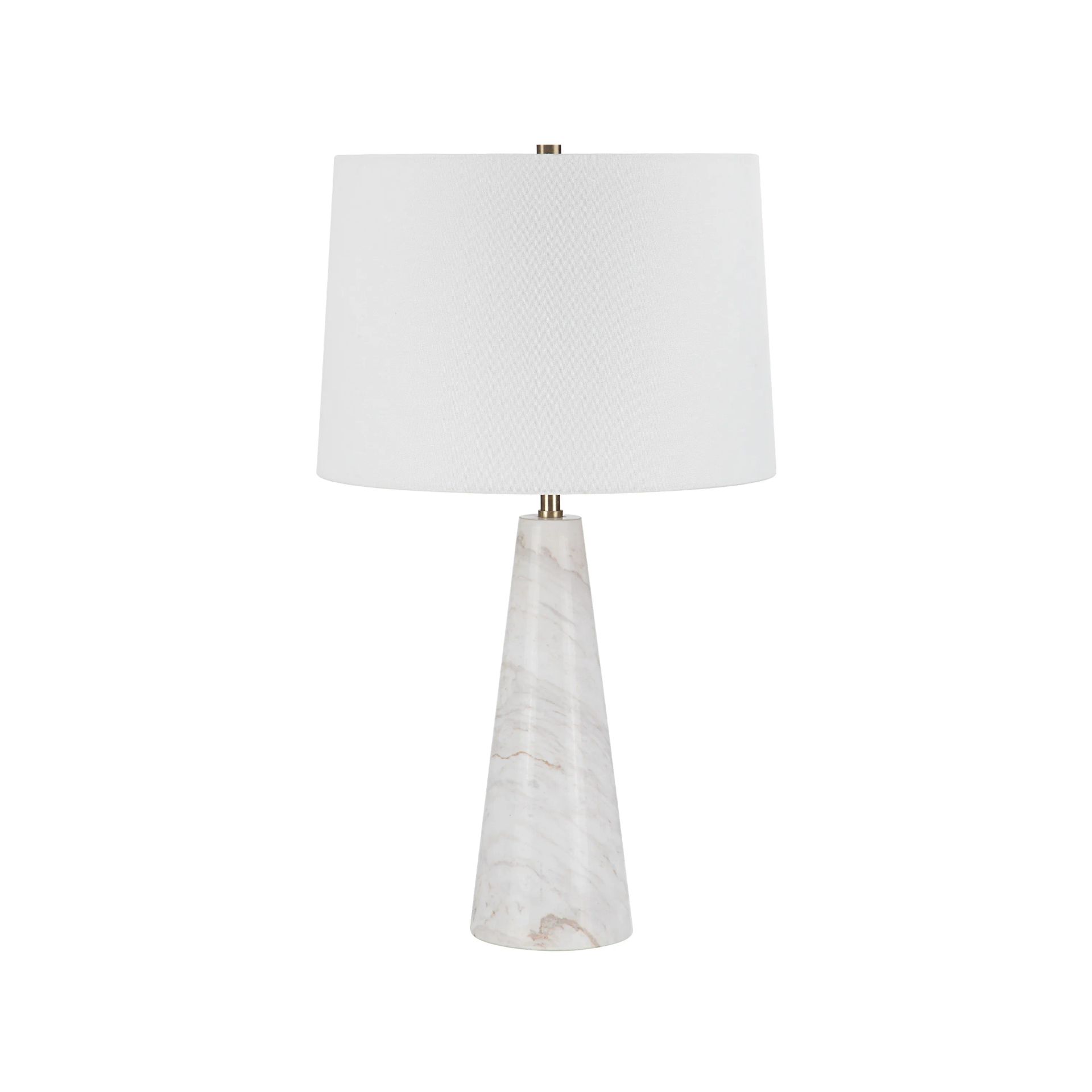 White lamp with a marble-like, conical base and a white lampshade.
