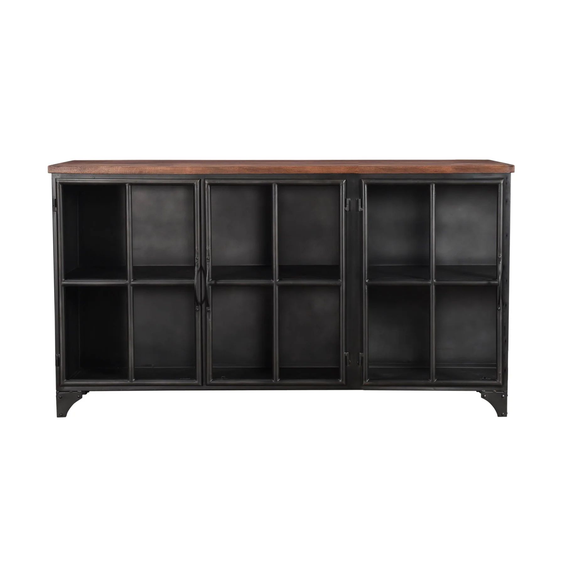 Black metal cabinet with glass doors, and multiple shelves