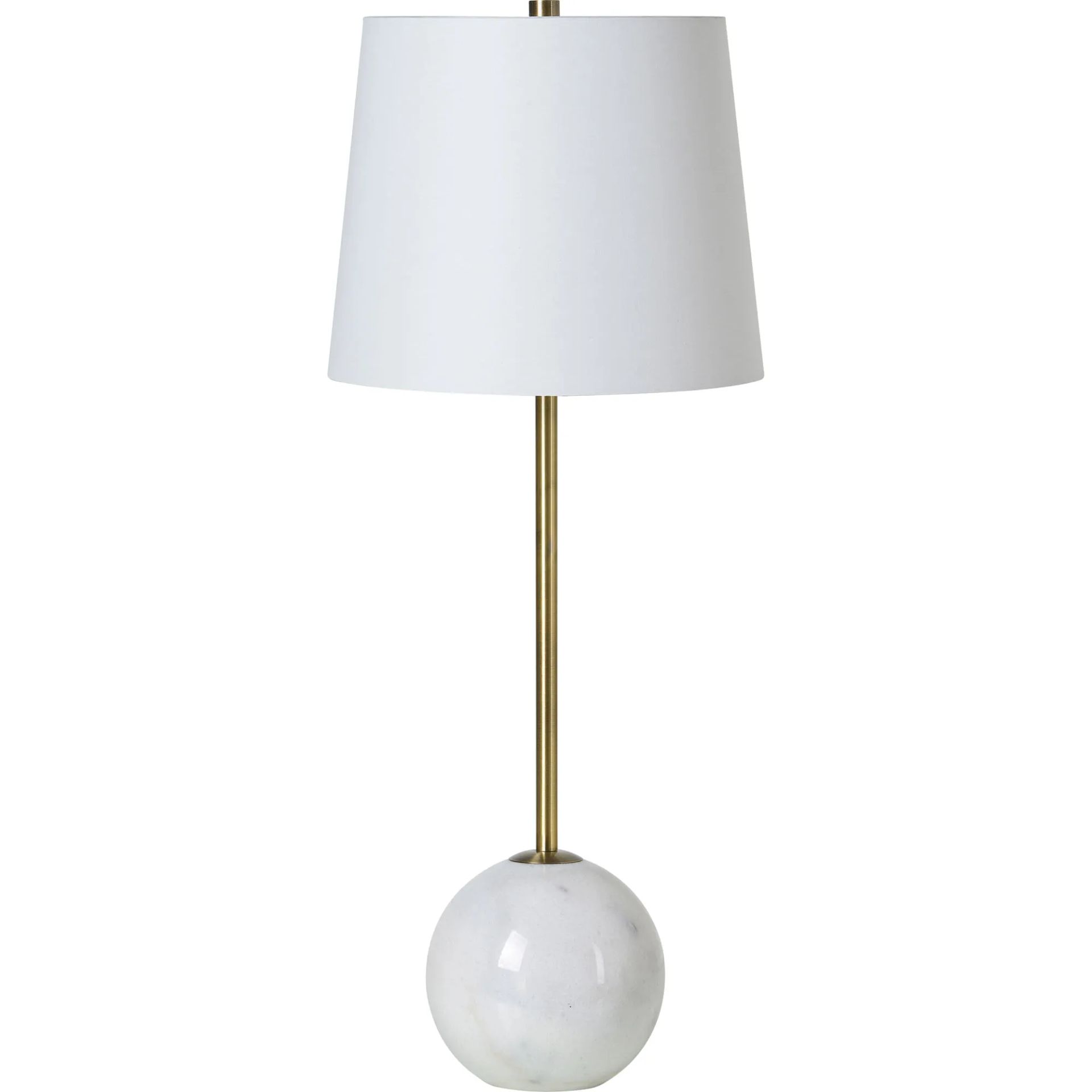 White lamp with a round marble base and gold stem.