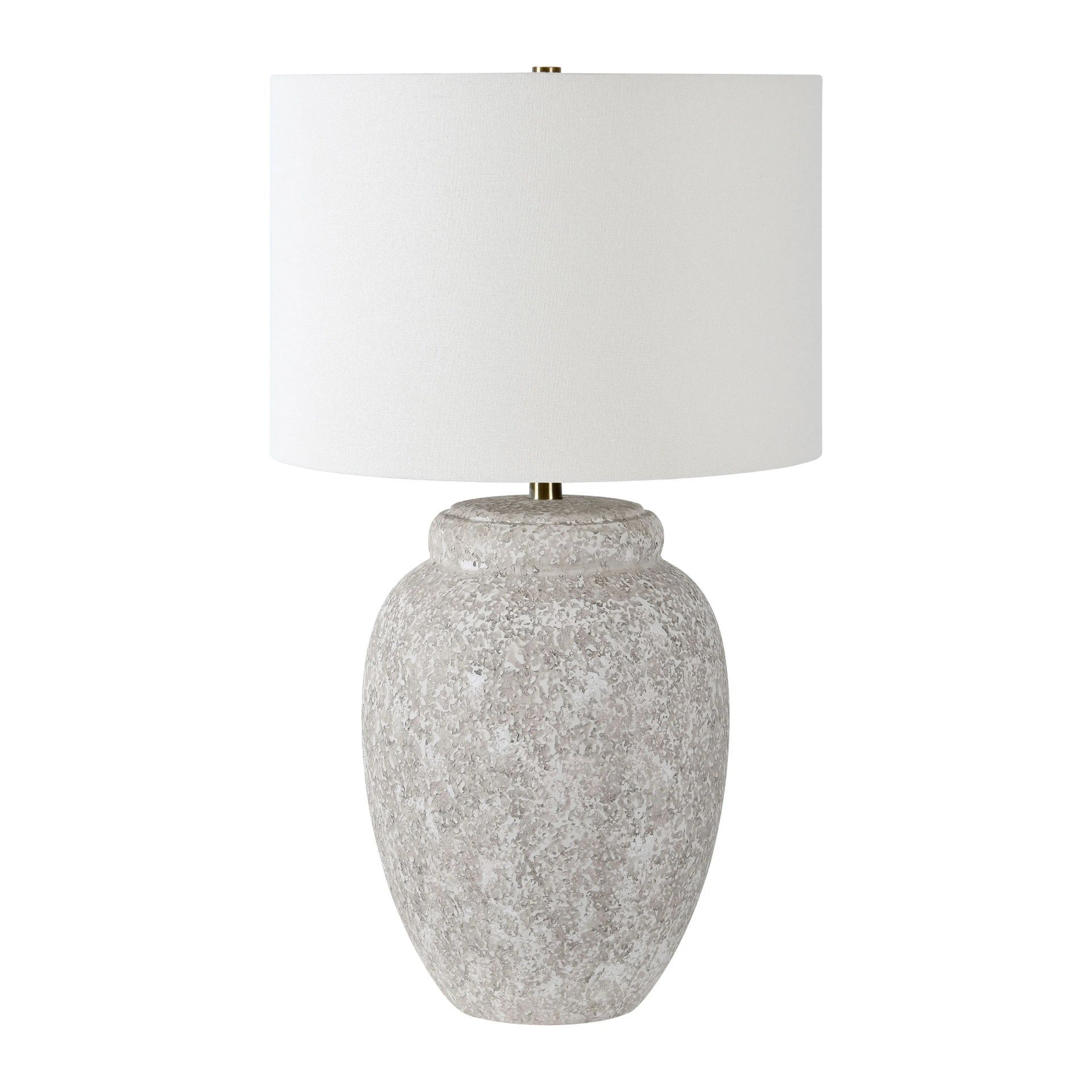 White lamp with a textured, gray urn-shaped base and a white lampshade.
