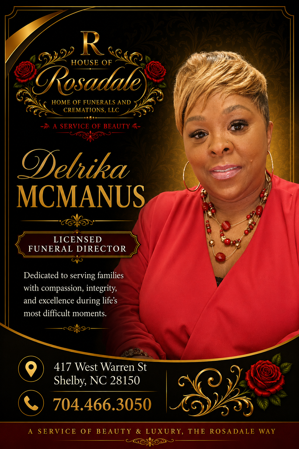 Portrait of Delrika McManus in red, with gold text and contact details on a black event flyer