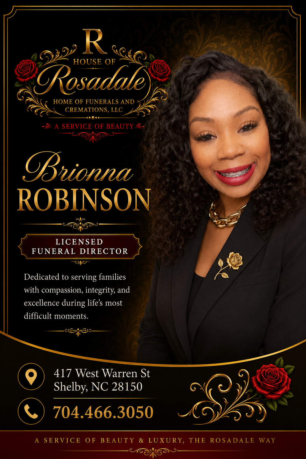 Brianna Robinson portrait ad with black-and-gold design, roses, business info, and phone number.