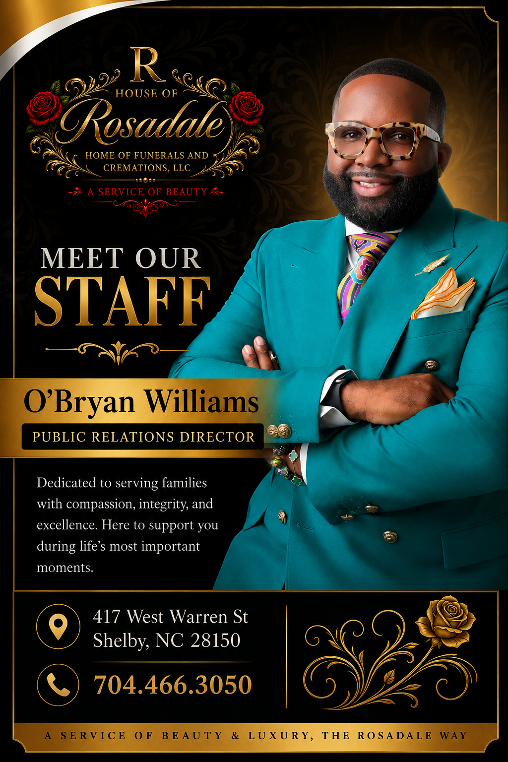 Staff profile poster for O’Bryan Williams, public relations director, in a teal suit on a black-and-gold background.