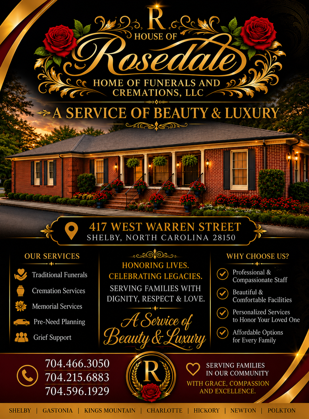 Rosedale beauty and luxury salon flyer with red roses, gold text, and a brick storefront at 417 West Warren St.