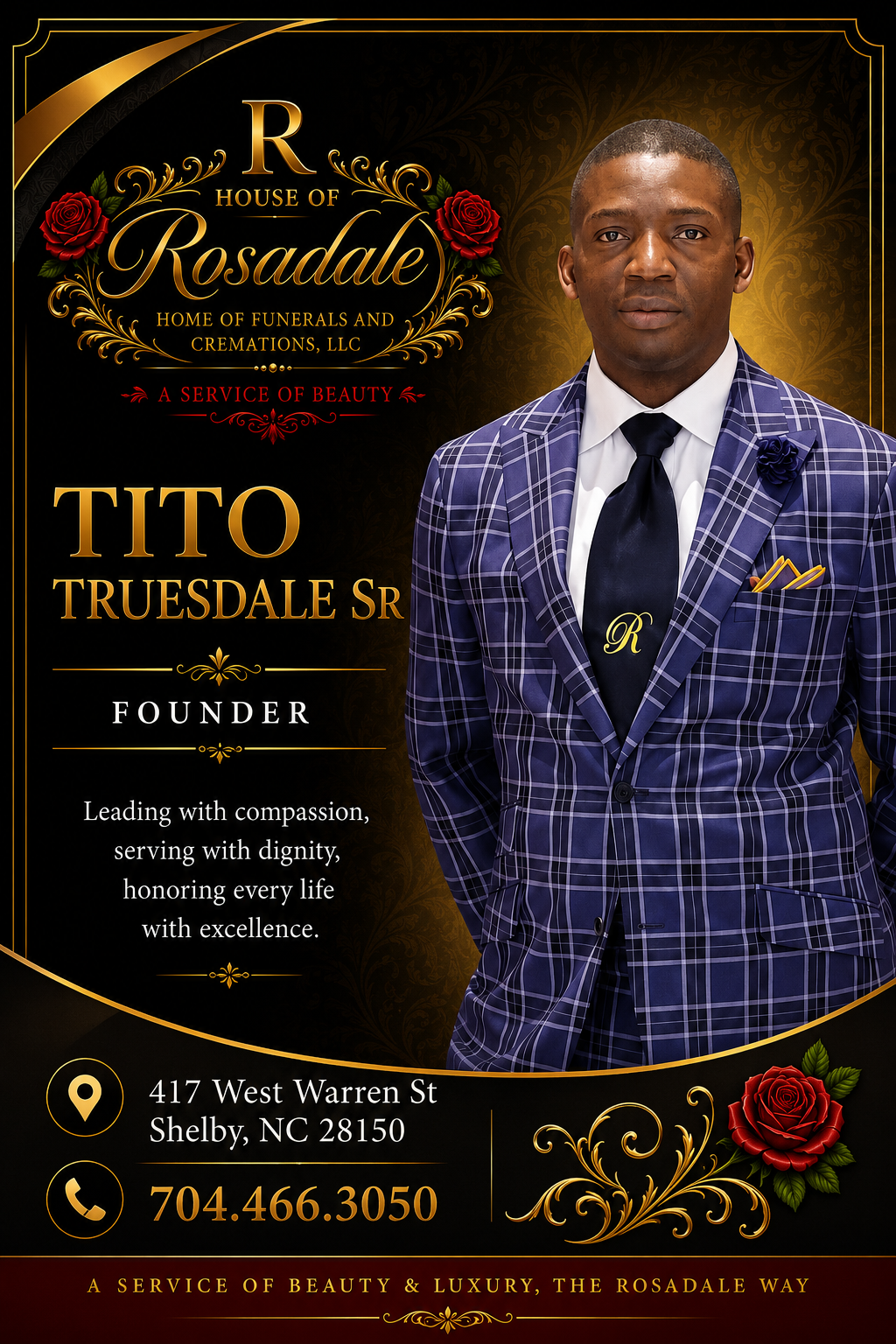 Event flyer with a man in a blue plaid suit, gold accents, and text for Rosulate and founder Tito Truesdale Sr.
