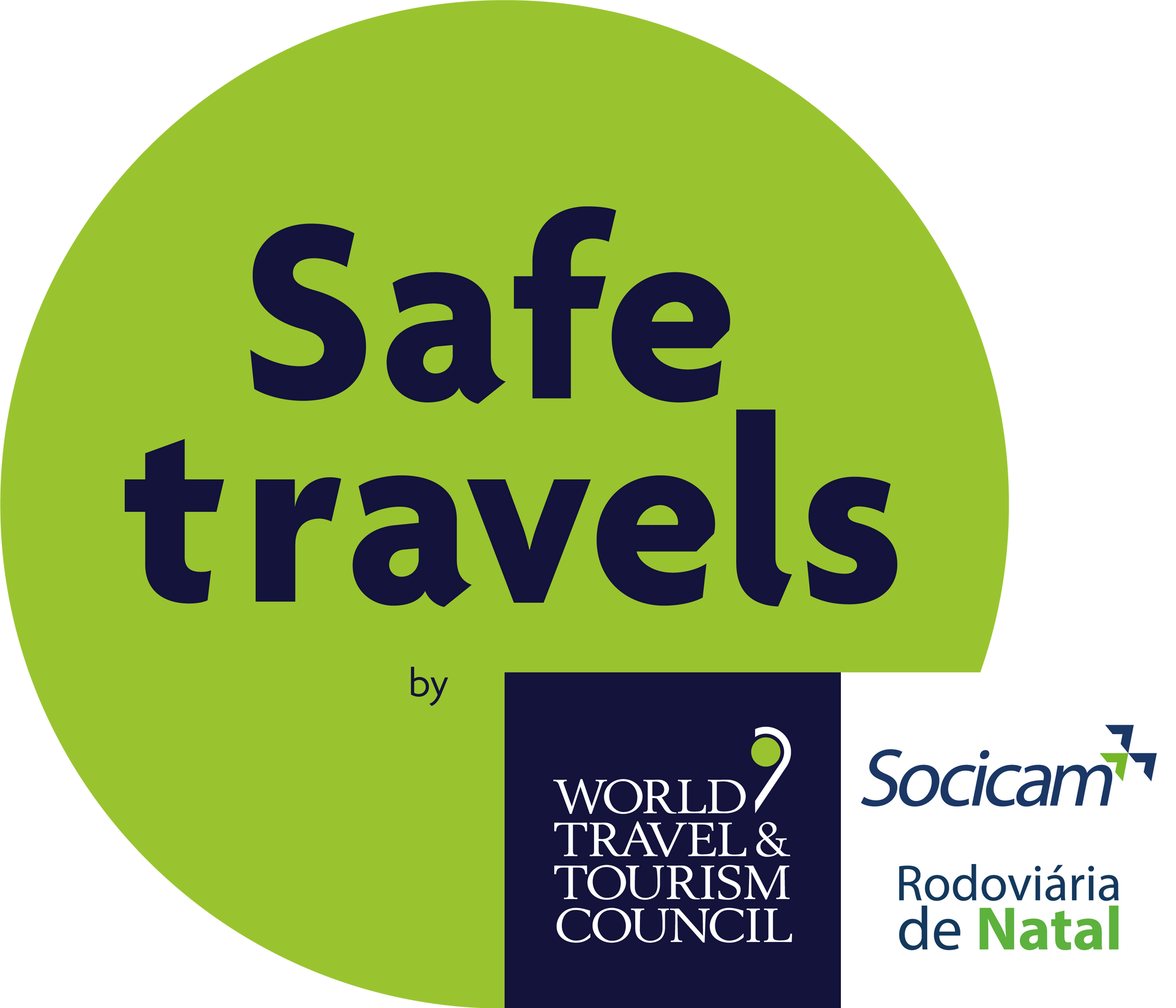 Logotipo de viagens seguras com círculo verde e selos do Conselho Mundial de Viagens e Turismo e da Socicam/Rodoviária.