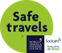 Logotipo de viagens seguras com círculo verde e marcas do Conselho de Viagens e Turismo, Socicam e Rodoviária de Natal.