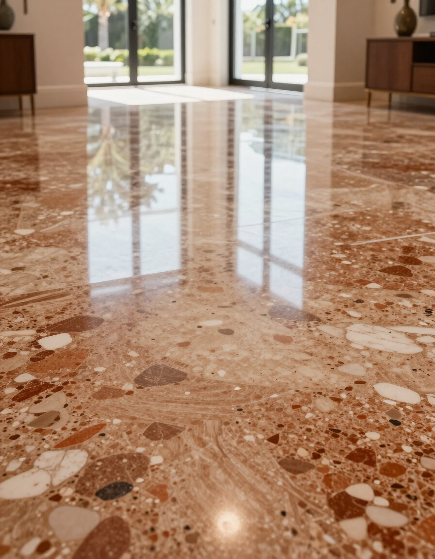 Beautifully restored and polished terrazzo floor in a Pinellas County home