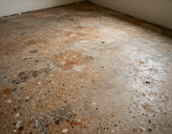 Terrazzo floor before restoration — worn surface with old coatings and staining