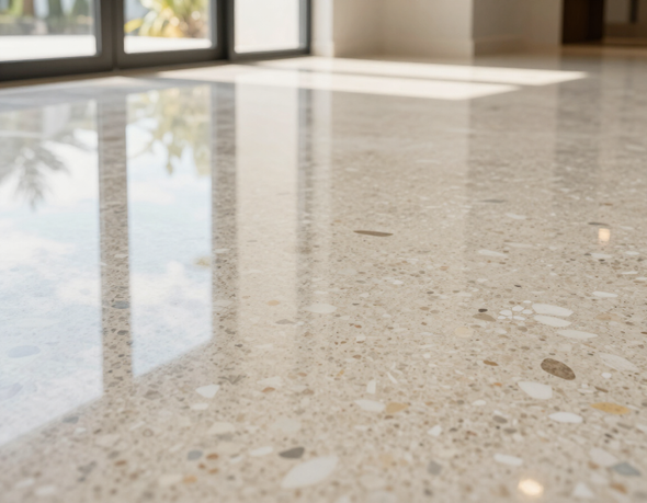 Terrazzo floor after professional restoration and polishing — natural aggregate and reflectivity revealed
