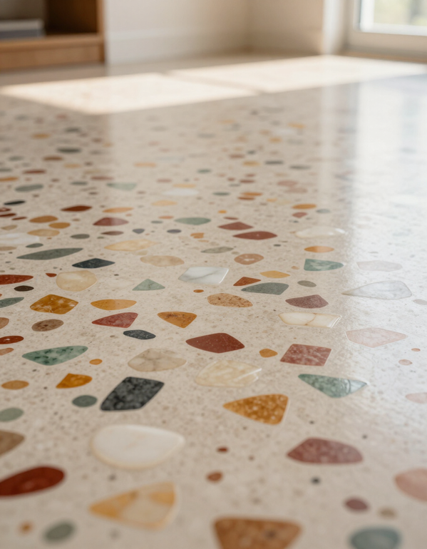 Close-up of polished terrazzo floor showing natural aggregate color after proper restoration