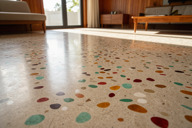 Terrazzo restoration and polishing — natural aggregate revealed after grinding