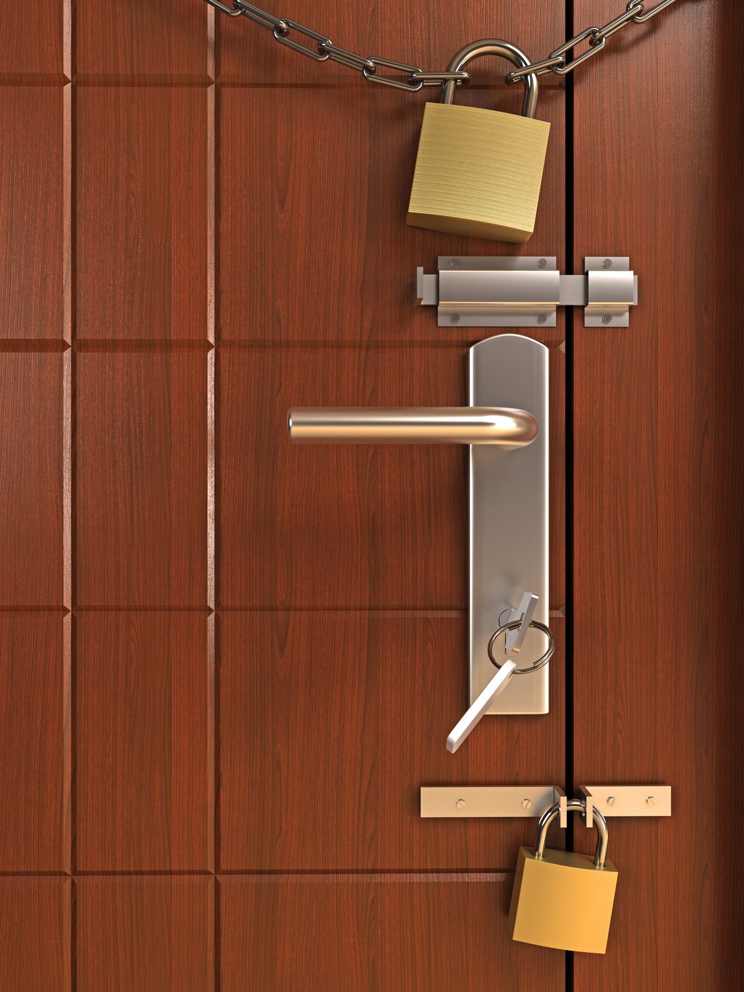 A wooden door is locked with a padlock and chain