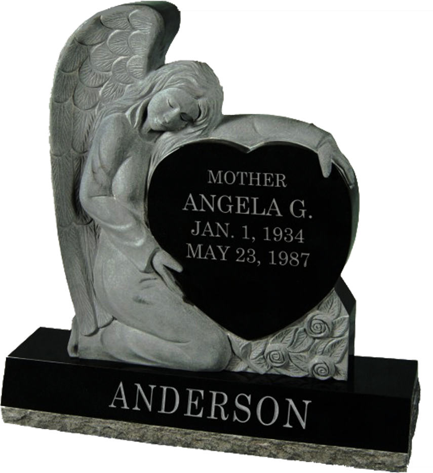 Black angel gravestone with “MOTHER ANGELA G.” and surname Anderson engraved on the base.