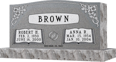 Gray Brown family gravestone with two name plaques and floral corner carvings.