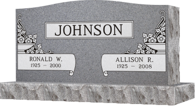 Gray granite Johnson family gravestone with two name plaques: Ronald W. and Allison R.