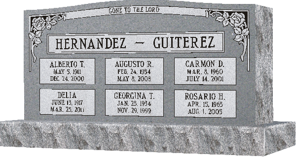 Gray granite memorial with Hernandez-Gutierrez family name and six engraved name plaques.