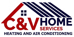 C&V Home Services logo with red and navy roof graphic and &ldquo;Heating and Air Conditioning&rdquo; text