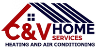 C&V Home Services logo with red and navy roof graphic and &ldquo;Heating and Air Conditioning&rdquo; text