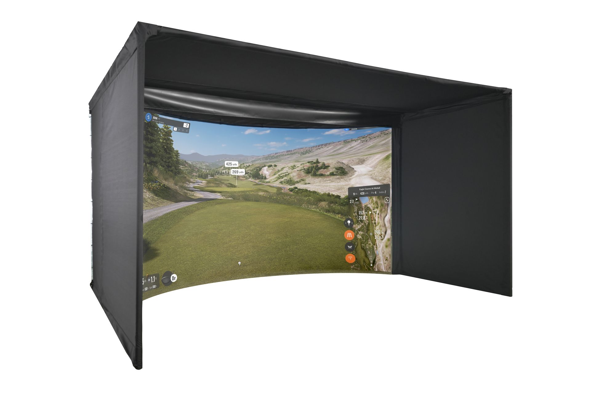 Indoor golf simulator setup with screen displaying a golf course, club, and ball on the floor.
