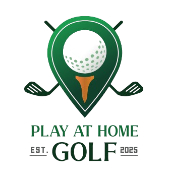 Logo with a golf ball and the letter P, crossed golf clubs, and text