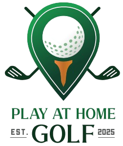 Logo with a golf ball and the letter P, crossed golf clubs, and text