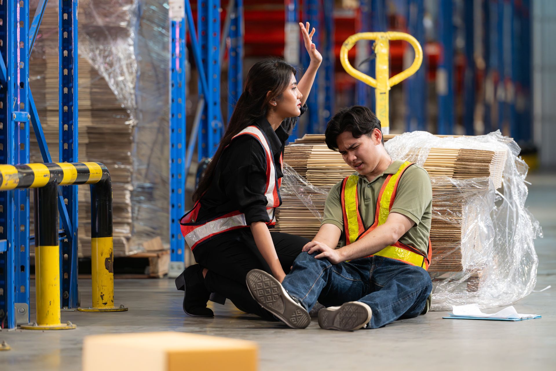 Woman helping injured man in warehouse; man holding knee, wearing safety vest.