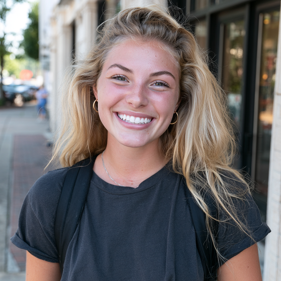 Smiling blonde woman in a black T-shirt standing outdoors on a city sidewalk