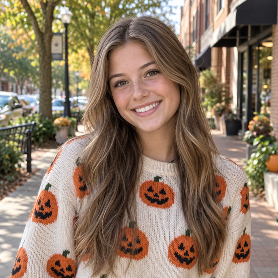 Smiling woman in a cream sweater with orange jack-o'-lanterns, standing on a tree-lined sidewalk in fall
