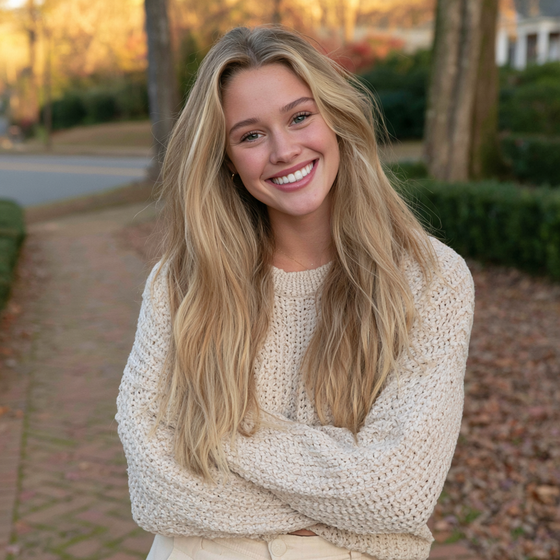 Smiling woman with long blonde hair in a cream sweater, standing outdoors in a park at sunset