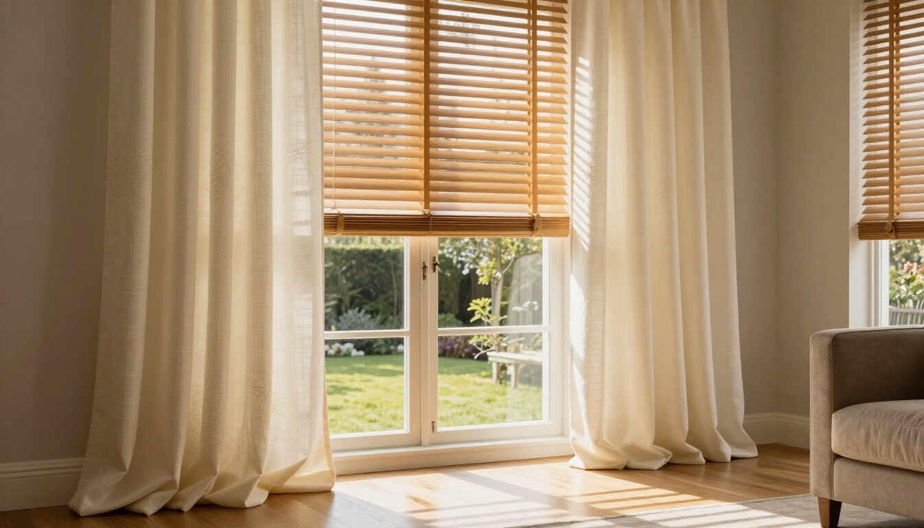 Sunlit living room with sheer curtains framing a window and view of a green yard