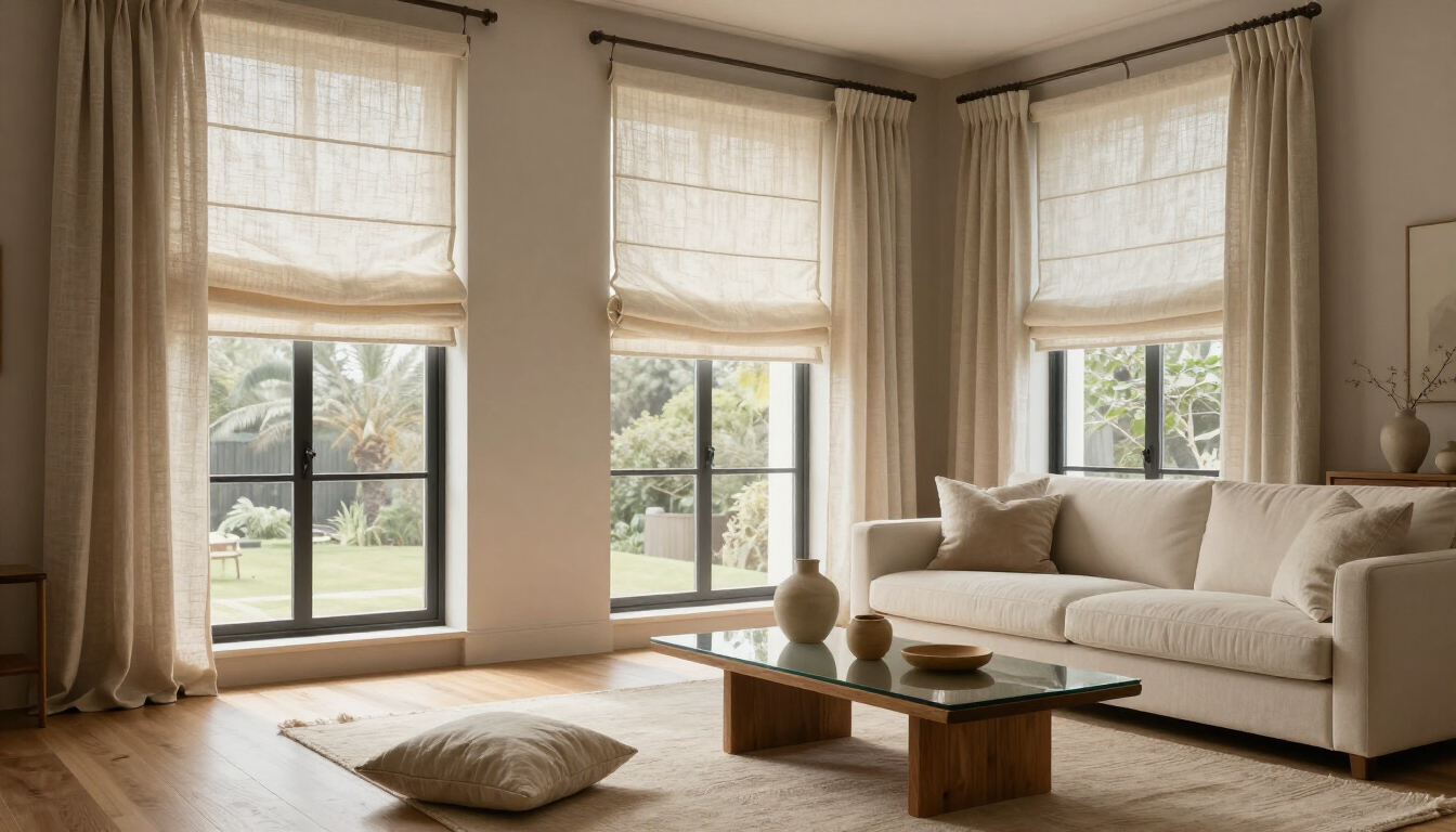 Bright living room with large windows, beige curtains, a white sofa, and a low wooden coffee table