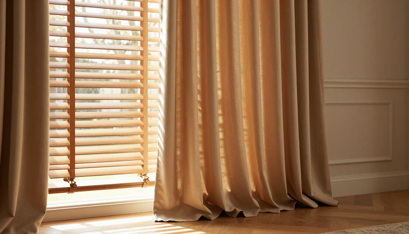 Sunlit window with wooden blinds and beige curtains in a room