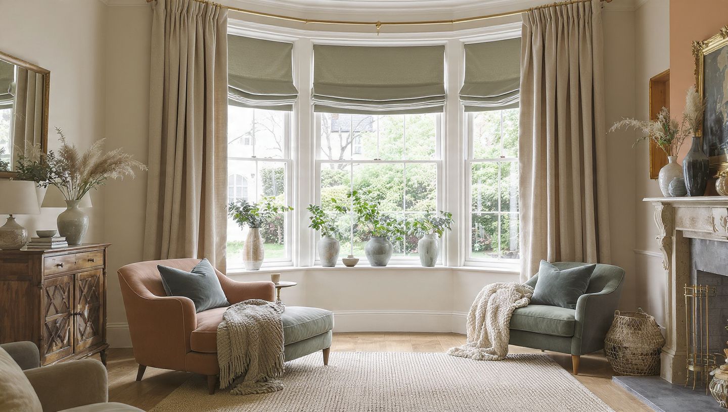 Elegant living room with a bay window, beige curtains, and two chairs facing a bright floral view
