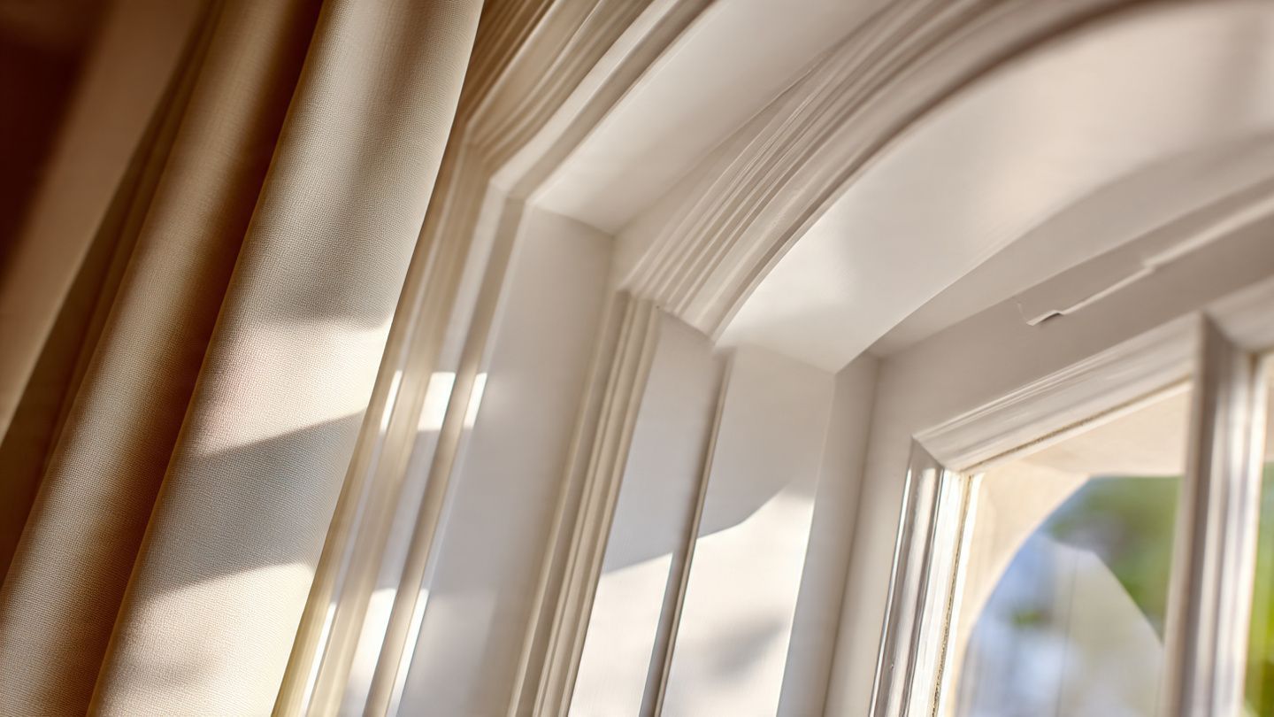 Sheer curtains and a sunlit window in a bright room