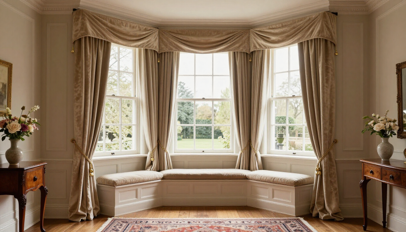 Elegant bay window seat with beige drapes, matching curtains, and floral arrangements in a bright room