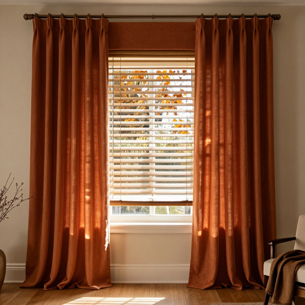 Rust-colored curtains framing a window with white blinds and autumn trees outside
