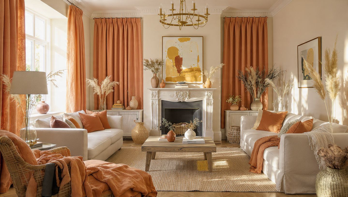 Elegant peach-toned living room with a fireplace, chandelier, sofas, and large windows with curtains