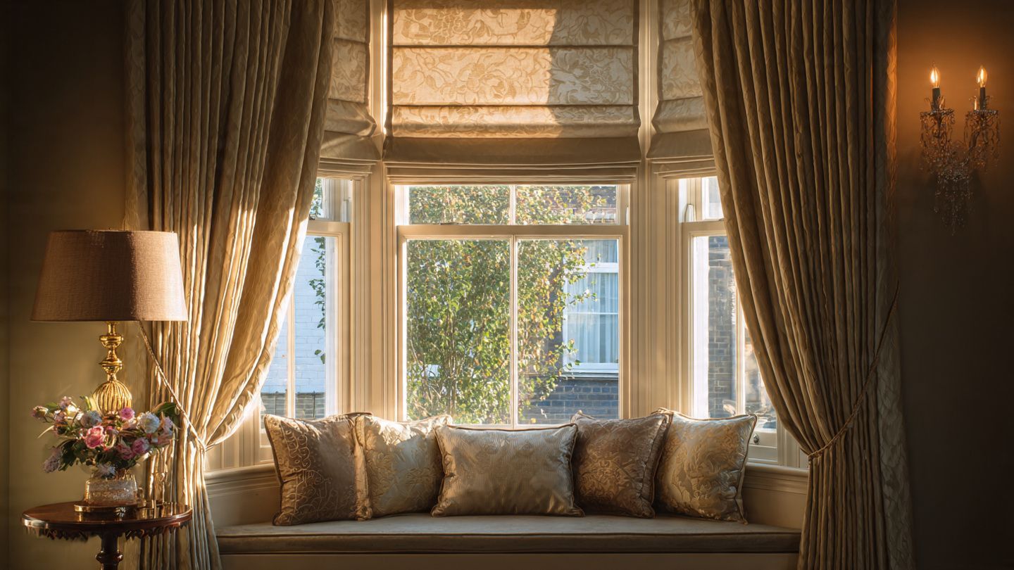 Cozy window seat with patterned pillows, warm curtains, lamp, and a vase of flowers in a sunlit room