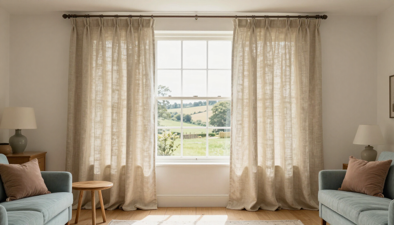 Bright living room with beige curtains framing a window, flanked by sofas, lamps, and a small stool.