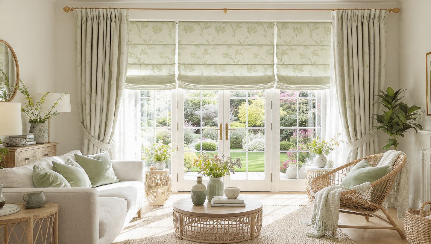 Bright, airy living room with large window, beige curtains, white sofa, wicker furniture, and green plants